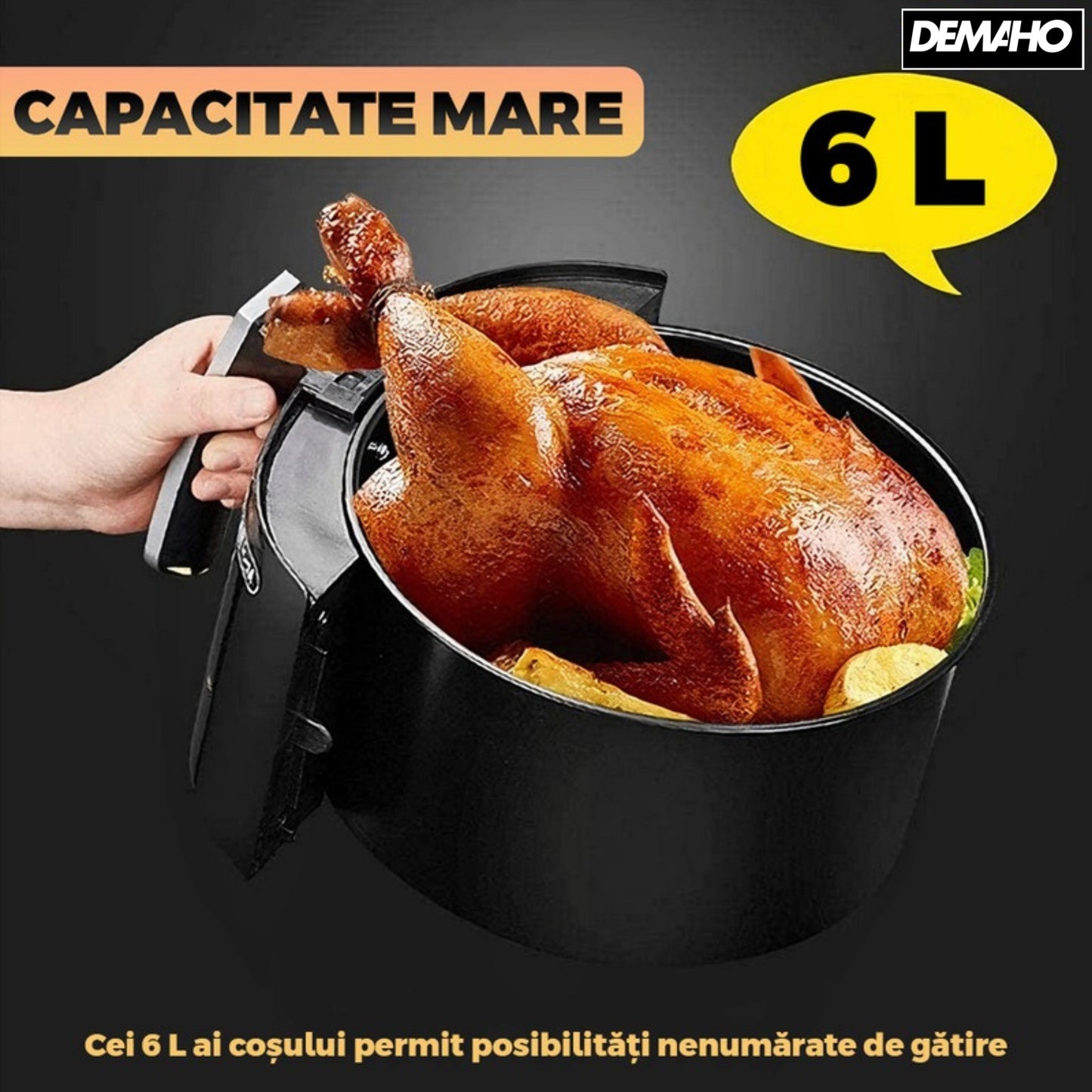 Friteuza cu aer cald fara ulei Air Fryer DEMAHO® , 100 hartii de copt cadou, tehnologie smart sensing, programe smart chef automate, afisaj digital, capacitate 6 L, tehnologie de eliminare a grasimii,