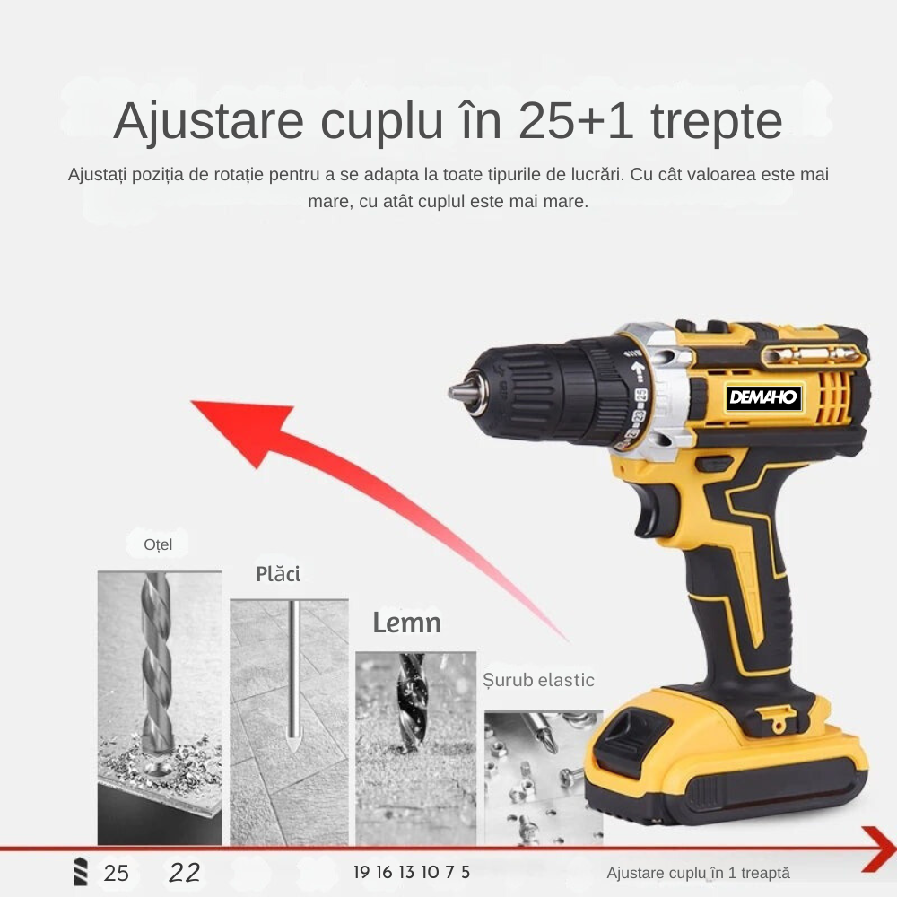 Trusă Bormașină cu Acumulator 36V, 5 Ah, Cuplu Reglabil în 25 Trepte, 2 Acumulatori Li-Ion, Valiză și Accesorii - Ideală pentru Găurit și Înșurubat în Bricolaj și Reparații