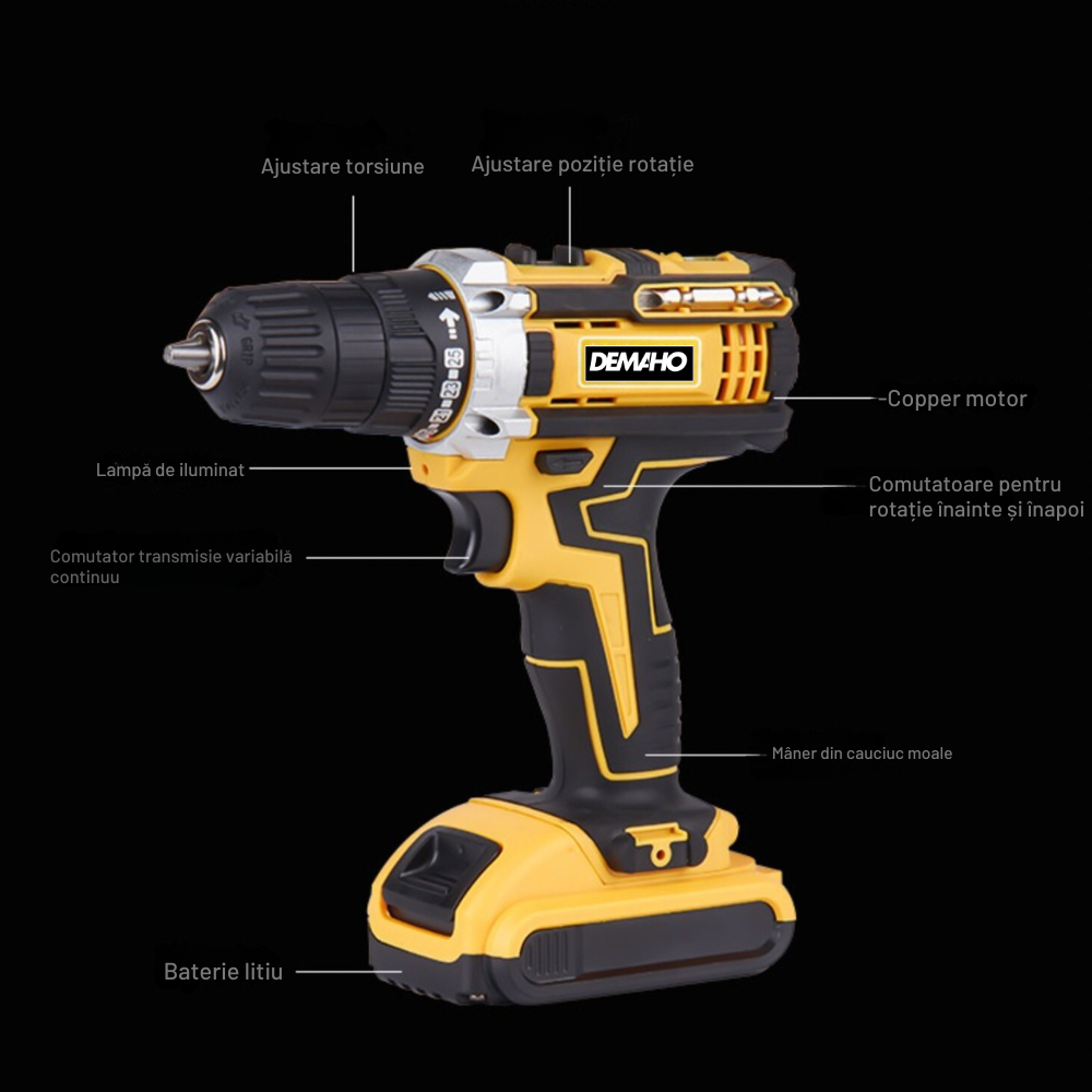 Trusă Bormașină cu Acumulator 36V, 5 Ah, Cuplu Reglabil în 25 Trepte, 2 Acumulatori Li-Ion, Valiză și Accesorii - Ideală pentru Găurit și Înșurubat în Bricolaj și Reparații