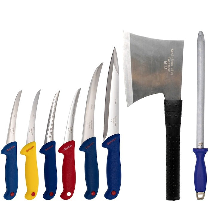 Set ustensile industriale de macelarie , 6 cutite, satar, masat cadou, calitate germană garantată