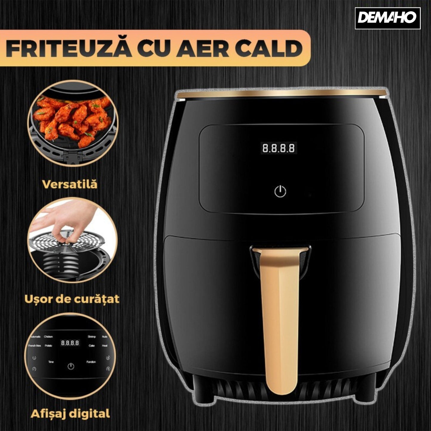 Friteuza cu aer cald fara ulei Air Fryer DEMAHO® , 100 hartii de copt cadou, tehnologie smart sensing, programe smart chef automate, afisaj digital, capacitate 6 L, tehnologie de eliminare a grasimii,