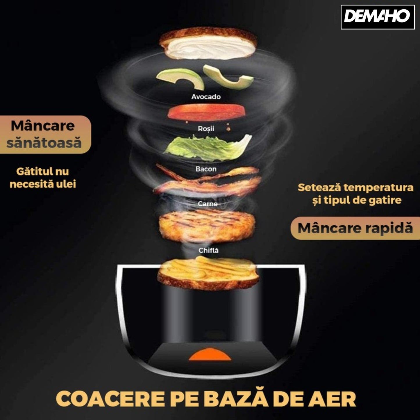 Friteuza cu aer cald fara ulei Air Fryer DEMAHO® , 100 hartii de copt cadou, tehnologie smart sensing, programe smart chef automate, afisaj digital, capacitate 6 L, tehnologie de eliminare a grasimii,