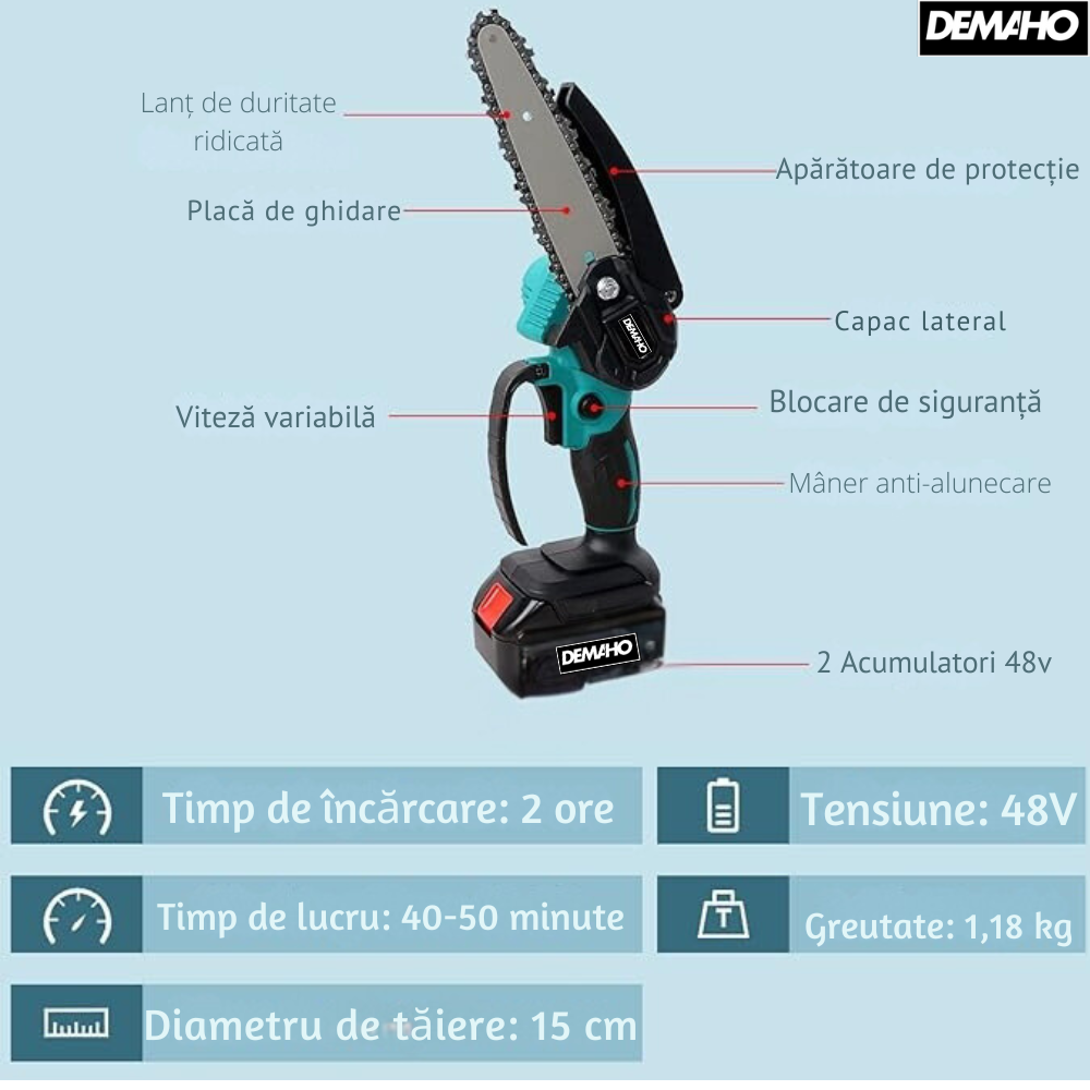 Drujba Fierastrau cu 2 Acumulator 36V, lama 6 inch/15 cm, 2 lanturi, fara fir, portabil