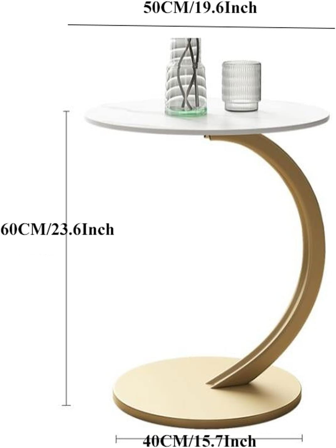 Masuta rotunda pentru Cafea, MDF cu Metal, Picior Curbat, 40×62.5 cm, Alb-Auriu