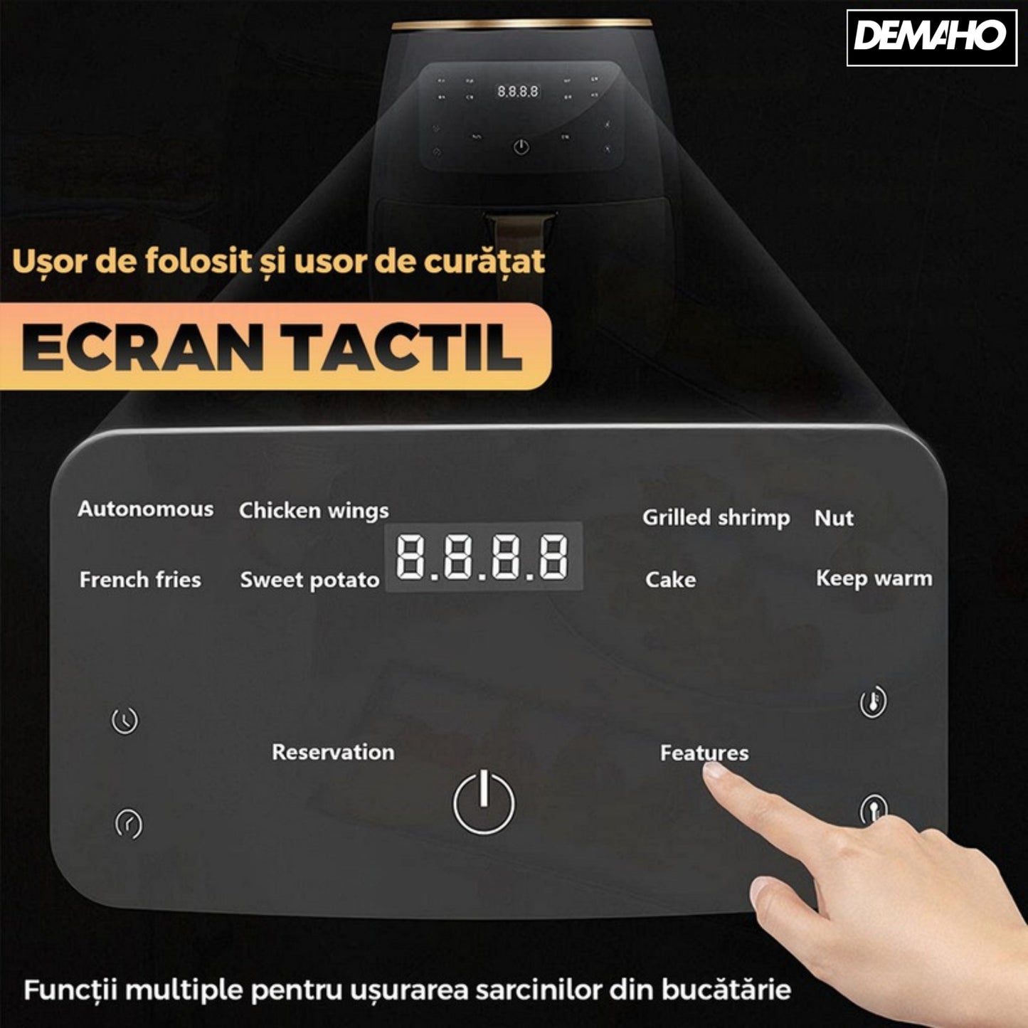 Friteuza cu aer cald fara ulei Air Fryer DEMAHO® , 100 hartii de copt cadou, tehnologie smart sensing, programe smart chef automate, afisaj digital, capacitate 6 L, tehnologie de eliminare a grasimii,