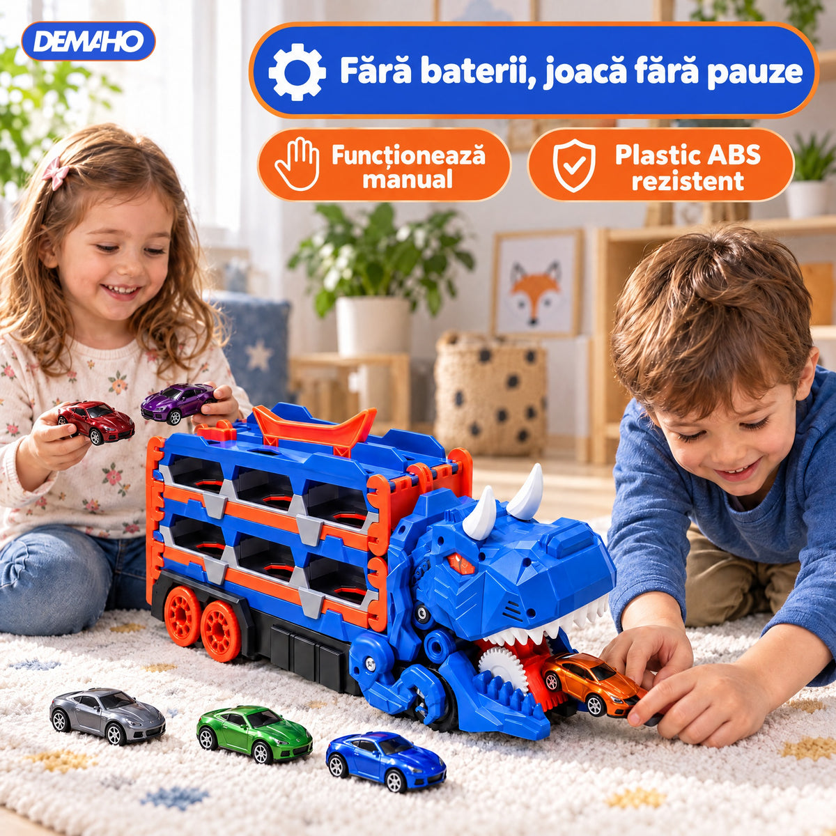 Camion Transportor Dinozaur 2 în 1, se Transformă în Pistă de Curse de 1,5 m, Lansare Dublă, Înghite Mașinuțe, Garaj pe 2 Etaje, 6 Mașinuțe Incluse, Albastru, 3+ ani