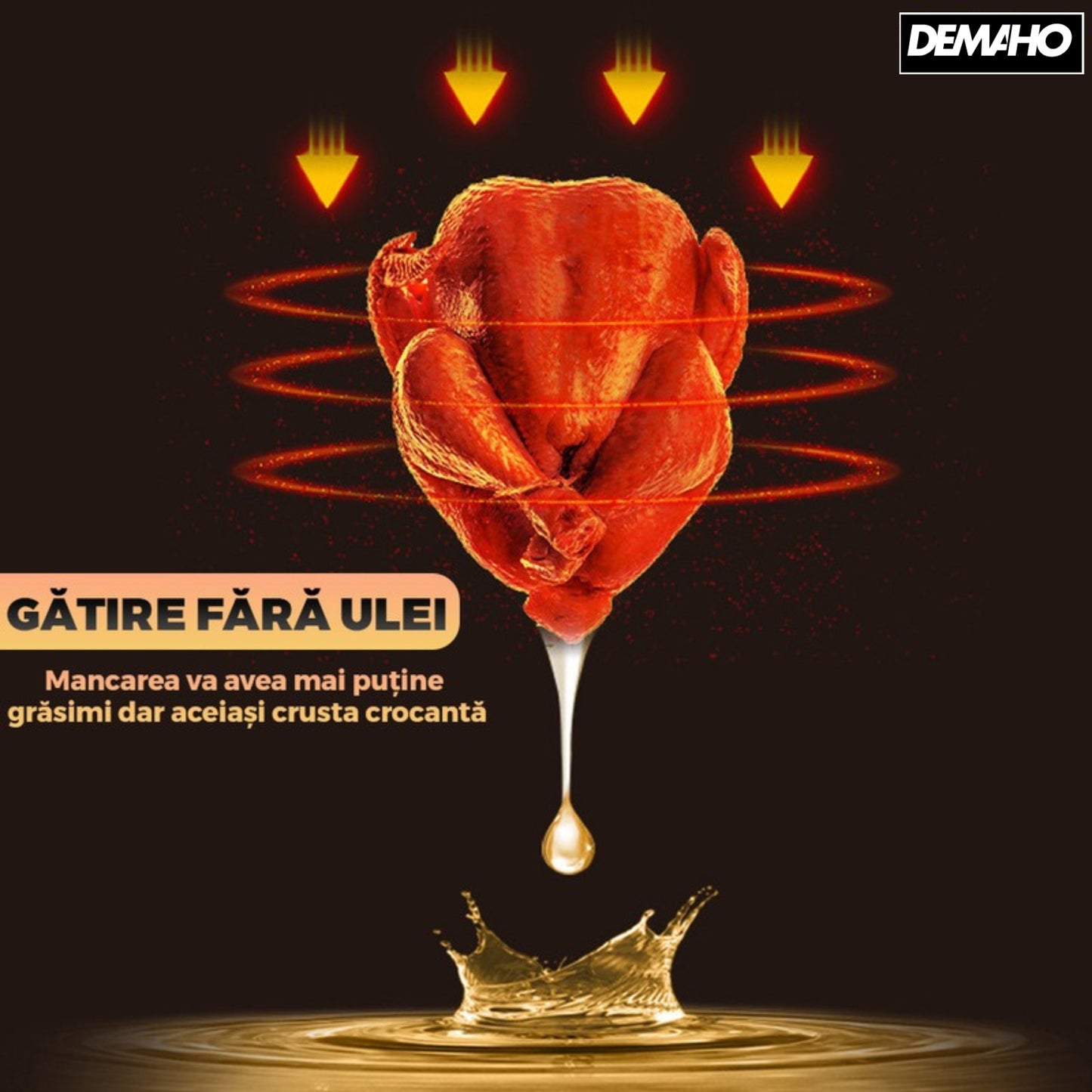Friteuza cu aer cald fara ulei Air Fryer DEMAHO® , 100 hartii de copt cadou, tehnologie smart sensing, programe smart chef automate, afisaj digital, capacitate 6 L, tehnologie de eliminare a grasimii,