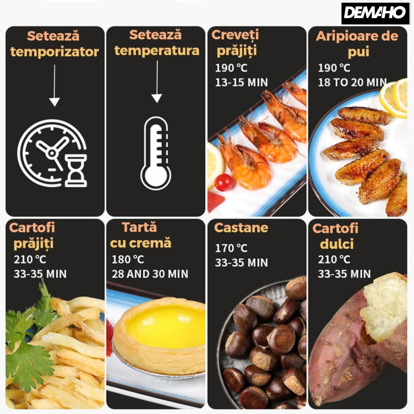 Friteuza cu aer cald fara ulei Air Fryer DEMAHO® , 100 hartii de copt cadou, tehnologie smart sensing, programe smart chef automate, afisaj digital, capacitate 6 L, tehnologie de eliminare a grasimii,