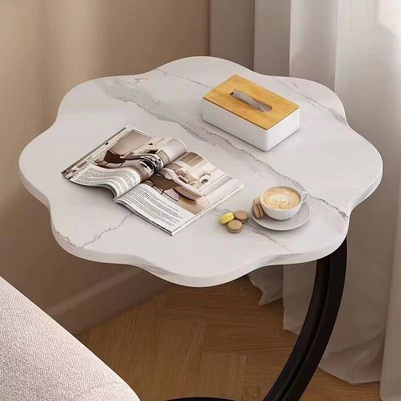 Măsuță de cafea laterală cu 2 niveluri, design floare, stil nordic minimalist, alb, 40×30×62 cm