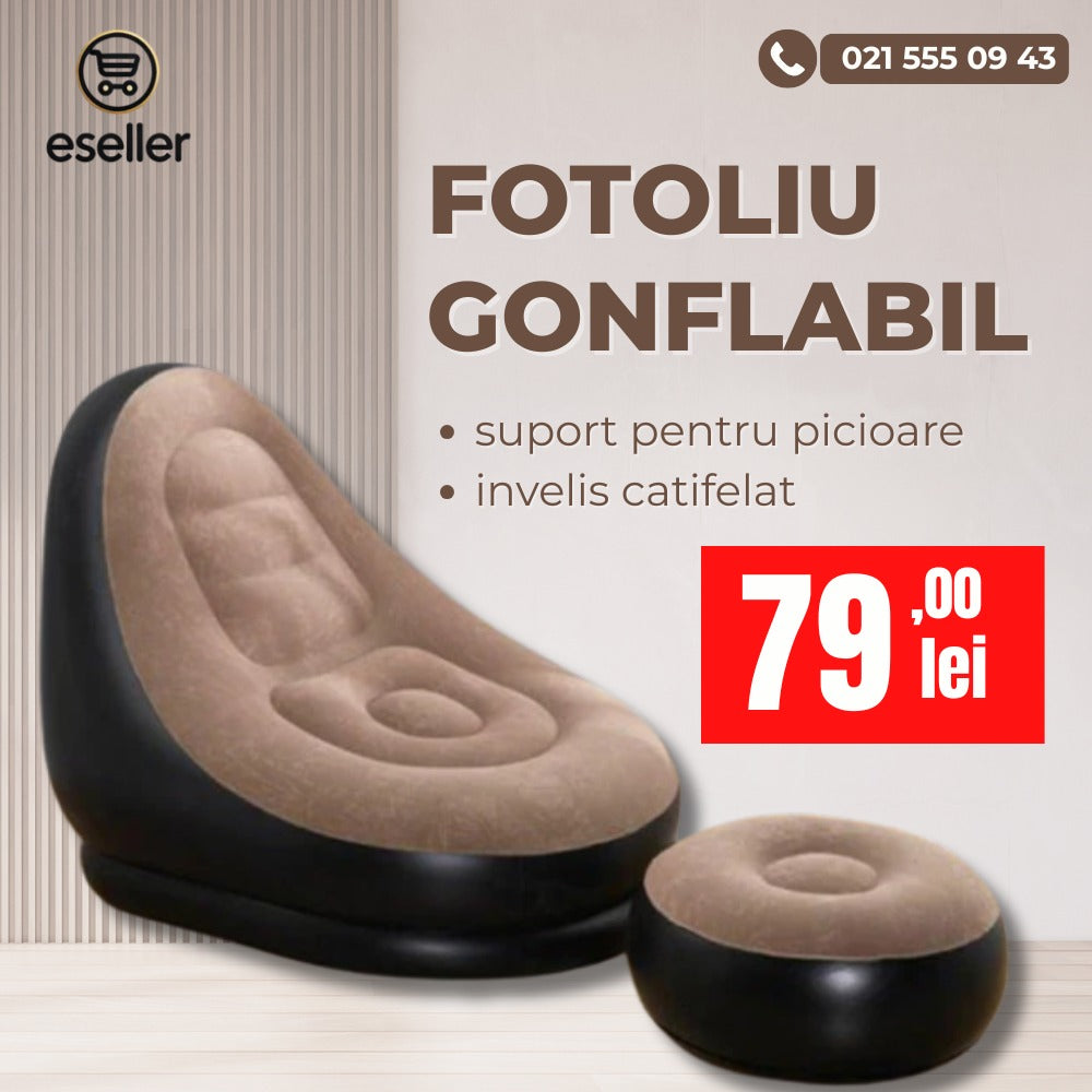 Fotoliu gonflabil cu suport pentru picioare, invelis catifelat