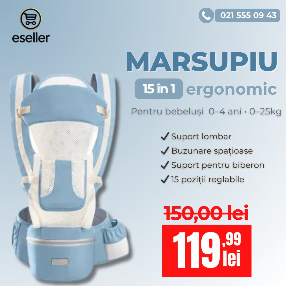 Marsupiu ergonomic, multifunctional pentru bebelusi, 15in1, greutate maxima 25 kg, Roz / Albastru