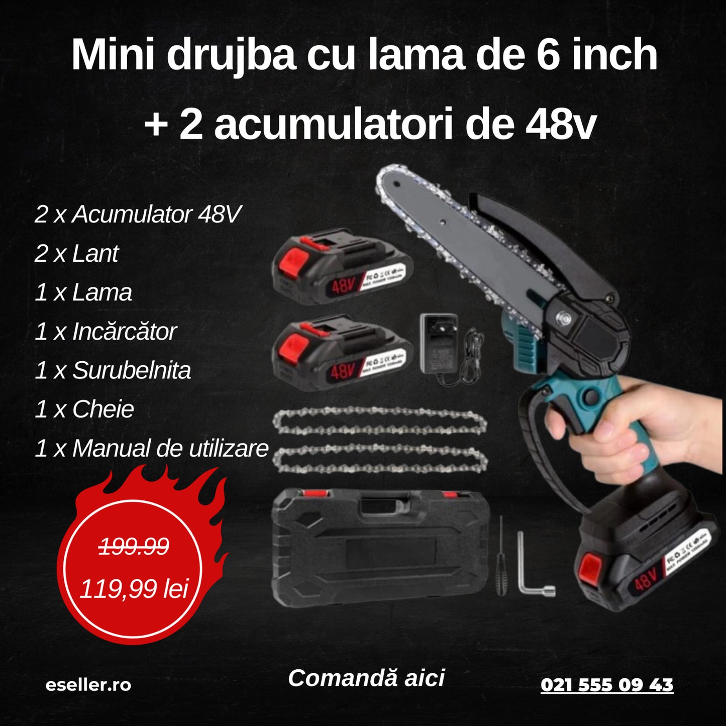 Drujba Fierastrau cu 2 Acumulator 36V, lama 6 inch/15 cm, 2 lanturi, fara fir, portabil