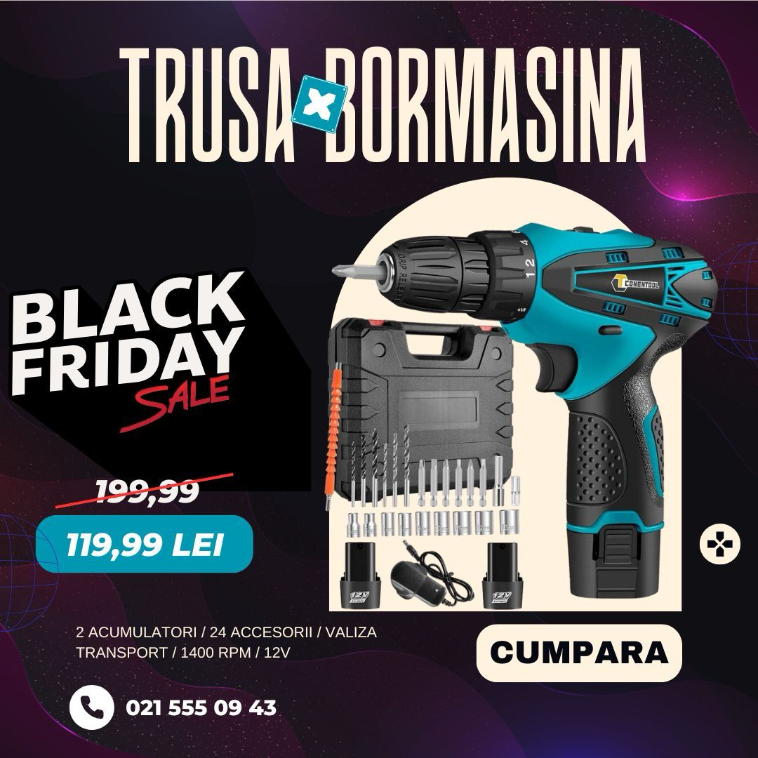 Set Bormasina Electrica DEMAHO cu 2 Acumulatori 12V, Set 24 de Accesorii, 1400 RPM
