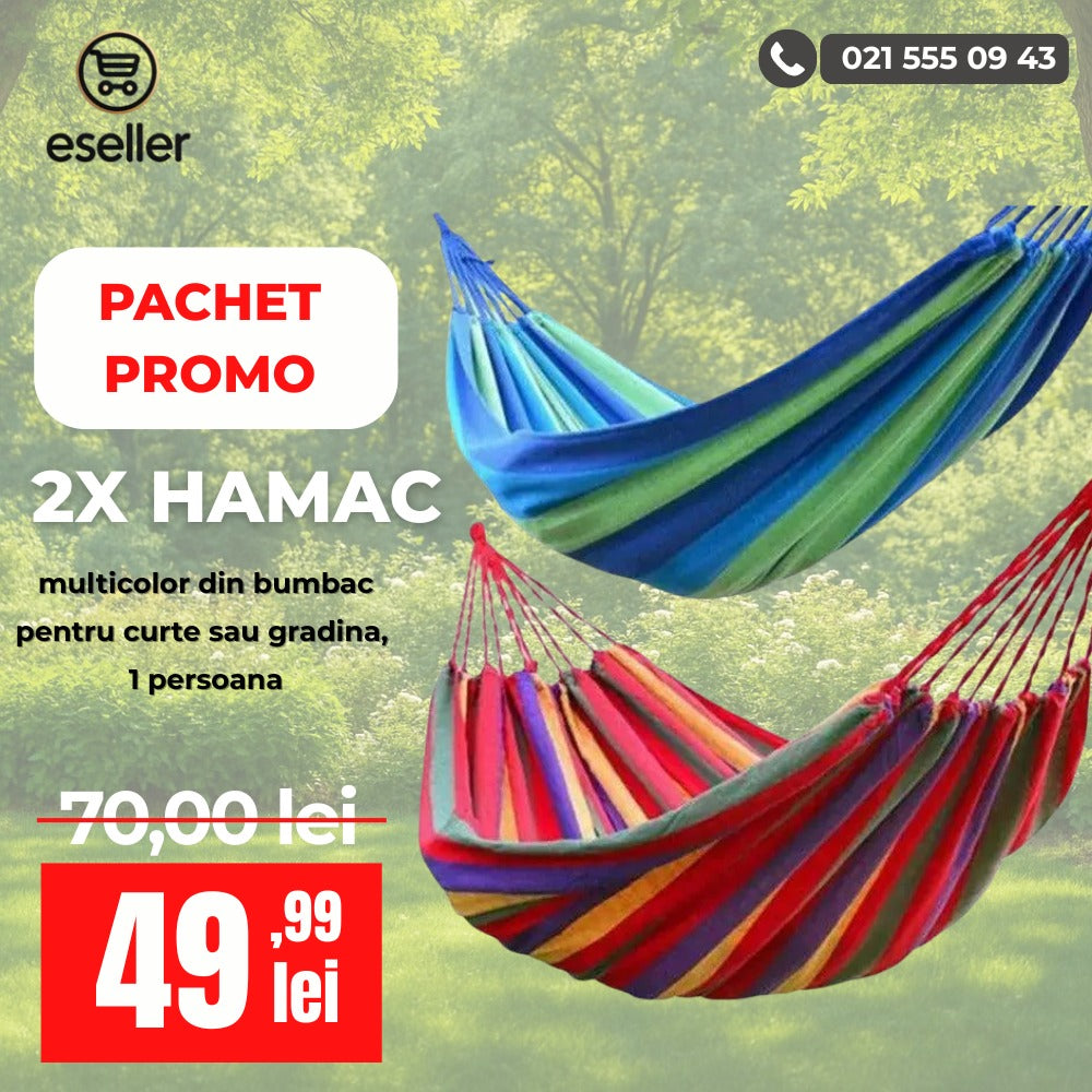 Pachet promo: 2x Hamac multicolor din bumbac pentru curte sau gradina, 1 persoana