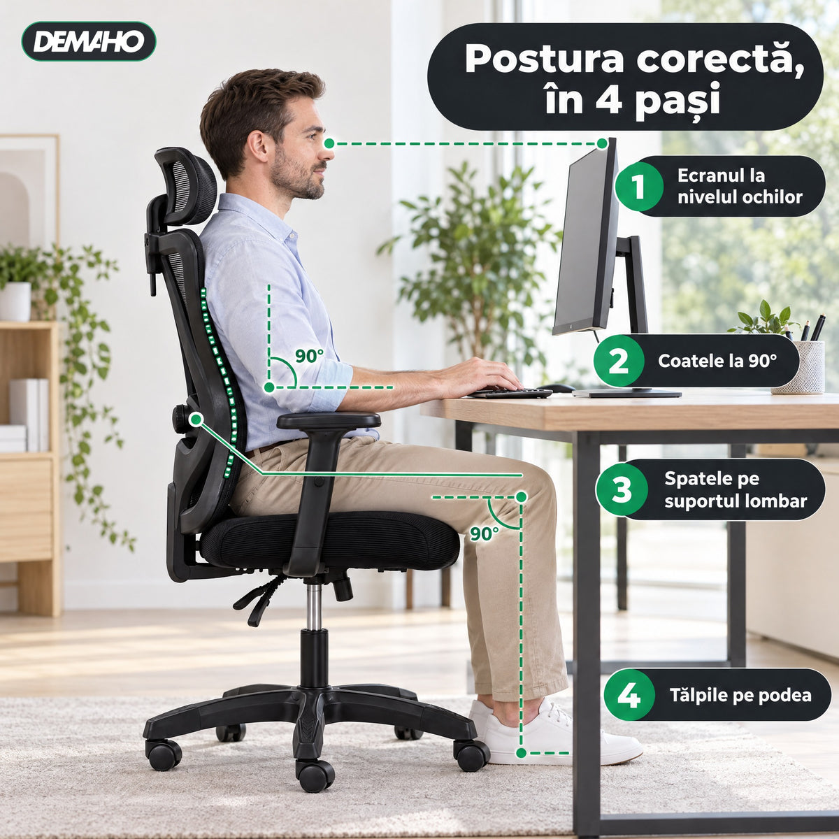 Scaun Ergonomic de Birou DEMAHO, Spătar Mesh Respirant, Suport Lombar Reglabil, Tetieră și Cotiere Reglabile, Rotativ, Negru