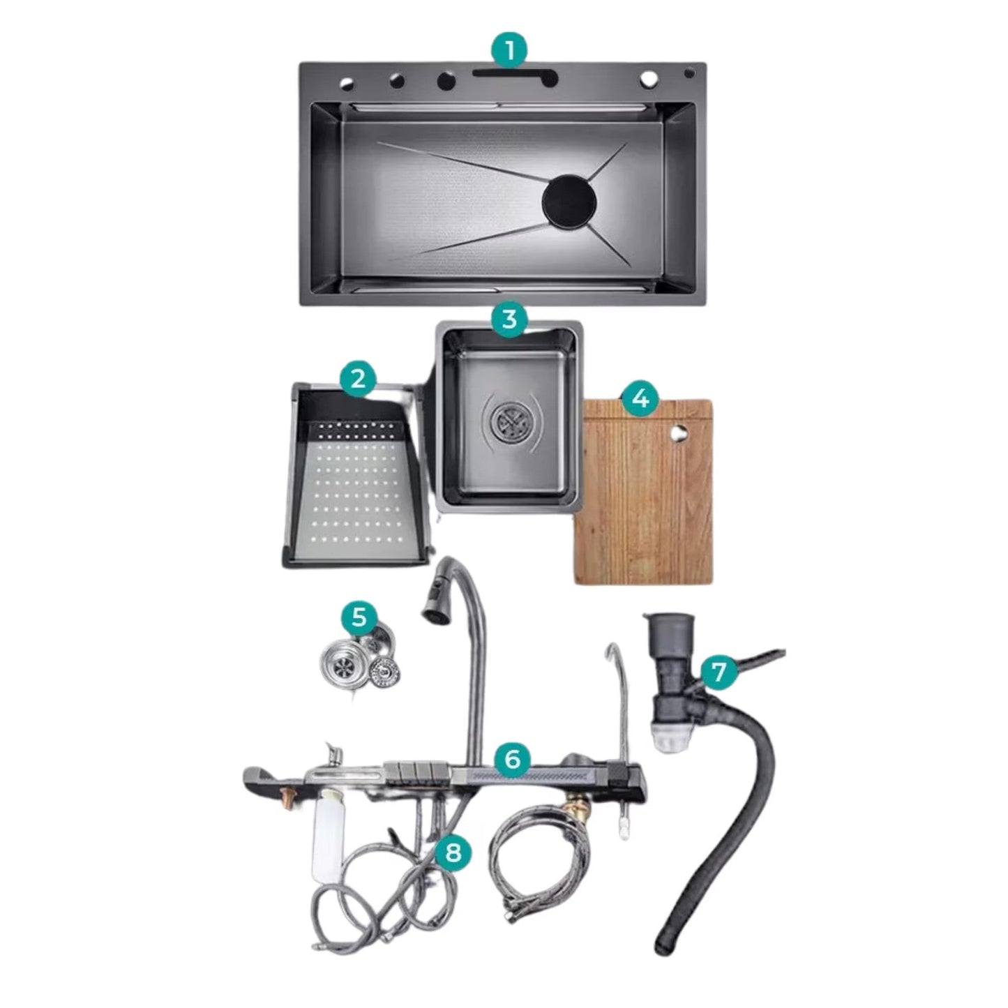Chiuveta multifunctionala cu 2 cascade cu accesorii incluse, afisaj digital a temperaturii si robinet cascada, culoare negru grafit, dimensiune 750x460mm