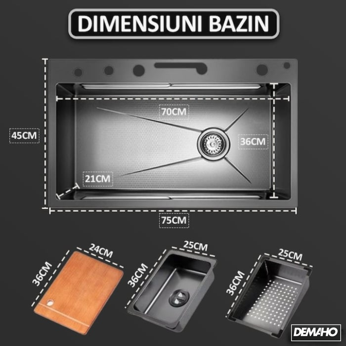 Chiuveta multifunctionala cu 2 cascade cu accesorii incluse, afisaj digital a temperaturii si robinet cascada, culoare negru grafit, dimensiune 750x460mm