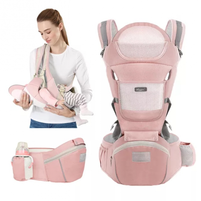 Marsupiu ergonomic, multifunctional pentru bebelusi, 15in1, greutate maxima 25 kg, Roz / Albastru