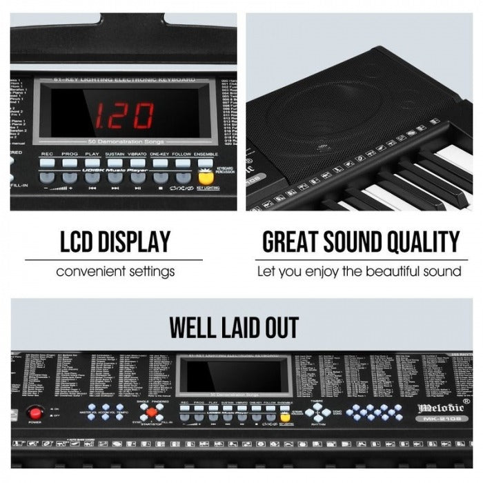 Orga electronica MK-2108 61 clape, 255 ritmuri, 255 timbre, 50 melodii demonstrative, 5 octave, clape luminate led, functii invatare 3 lectii, functii inregistrare si redare, usb, mp3, afisaj lcd, suport part