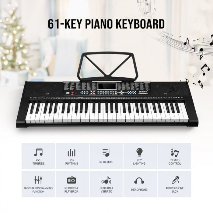 Orga electronica MK-2108 61 clape, 255 ritmuri, 255 timbre, 50 melodii demonstrative, 5 octave, clape luminate led, functii invatare 3 lectii, functii inregistrare si redare, usb, mp3, afisaj lcd, suport part
