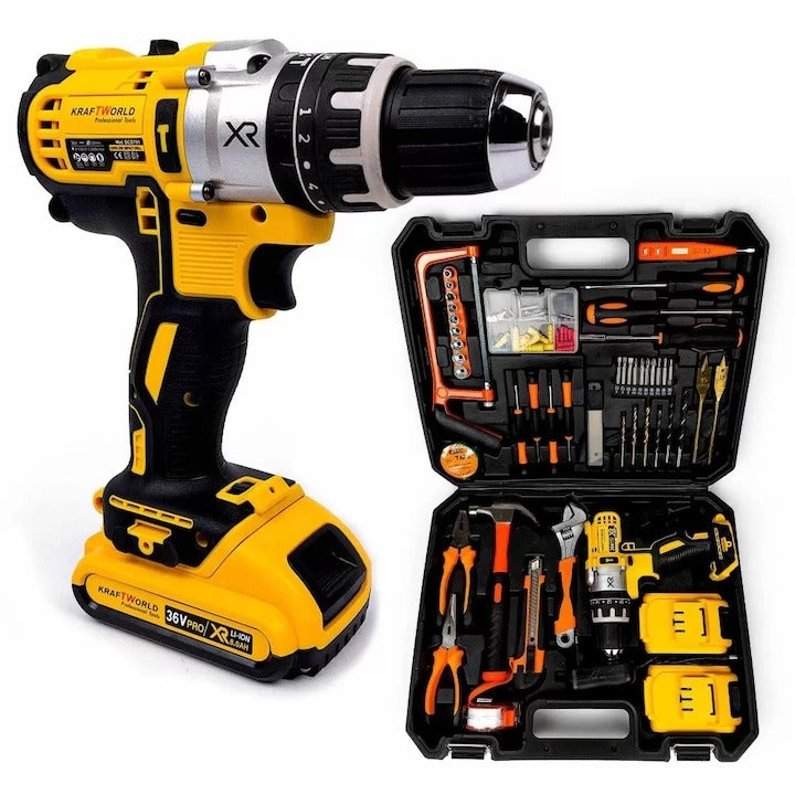 Mașina de găurit și înșurubat (bormașină) DEMAHO®, 500W, trusă completă, extra accesorii 119 piese, 2 acumulatori 36V 8 Ah, mandrină rapidă 13mm, 1500 RPM, 8000mAh, valiză inclusă, design modern