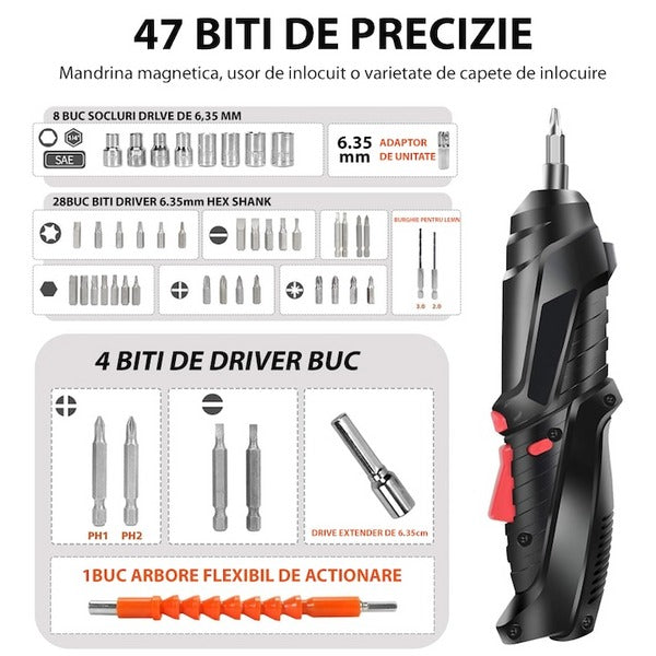Surubelnita Electrica DEMAHO, fara Fir - 6 Nm Cuplu, Li-Ion 1800mAh, Maner Ajustabil, Set Complet de Accesorii