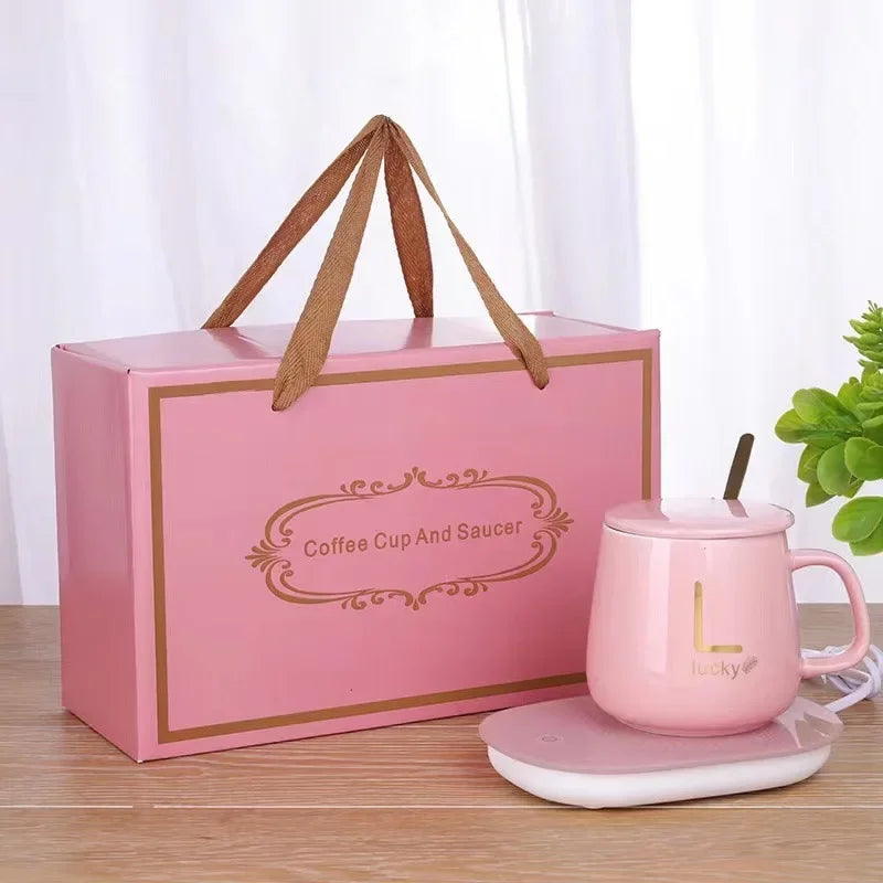 Set Cadou 2 Căni Ceramice Inteligente pentru Încălzire Automată a Băuturilor - Verde Regal Lucky, 400 ml, pentru Cafea, Lapte, Ceai, cu Suport de Încărcare USB, 55°C, Capac și Linguriță"