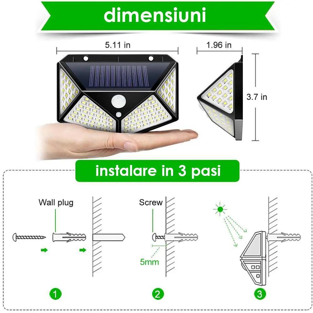 Set x4 Lampi solare LED cu 4 cadrane 100 leduri senzor de miscare si lumina unghi larg 270 gr - eSeller.ro - Inovăm pentru confortul tău