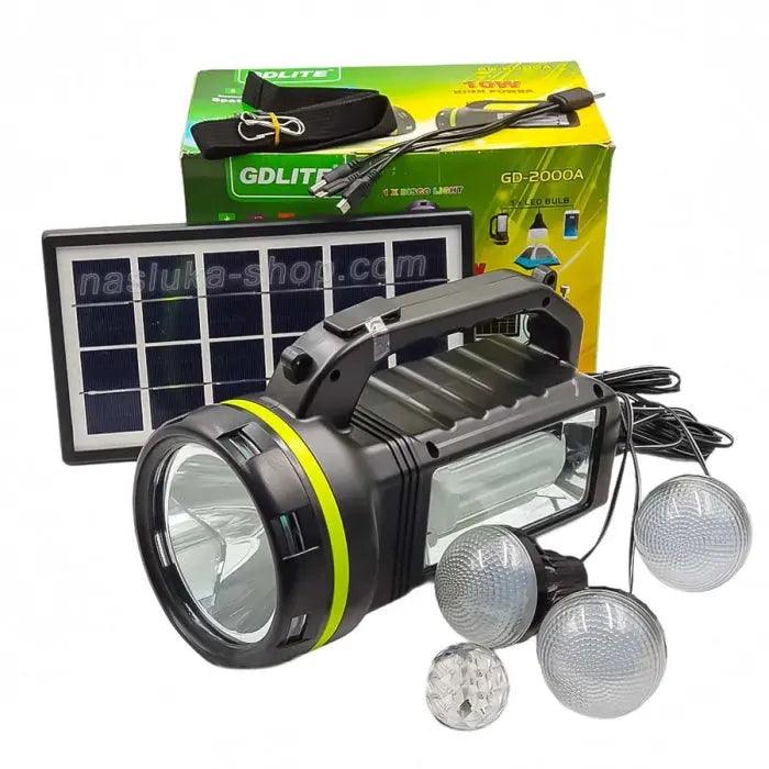 Kit Solar Portabil GDLite GD-2000A, Panou solar, USB, Bluetooth, Radio FM, MP3, Lanterna LED, 3 Becuri Incluse, Incarcare telefonica, Alimentare 220V - eSeller.ro - Inovăm pentru confortul tău