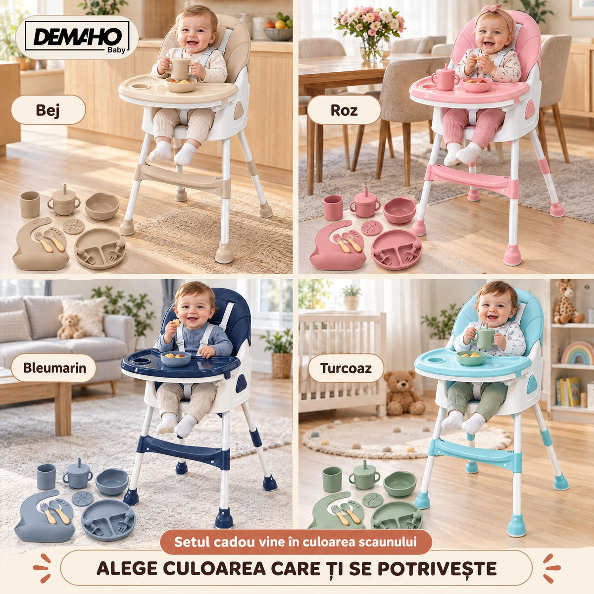 Scaun de Masă pentru Bebeluși DEMAHO Baby, 2 Înălțimi, Pliabil, Tăviță Detașabilă, Centură de Siguranță + CADOU Set Hrăn