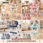 Scaun de Masă pentru Bebeluși DEMAHO Baby, 2 Înălțimi, Pliabil, Tăviță Detașabilă, Centură de Siguranță + CADOU Set Hrăn