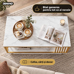 Măsuță de Cafea cu Aspect de Marmură Albă și Cadru Auriu, Raft Deschis de Depozitare, 120 × 60 × 42 cm, Design Modern de