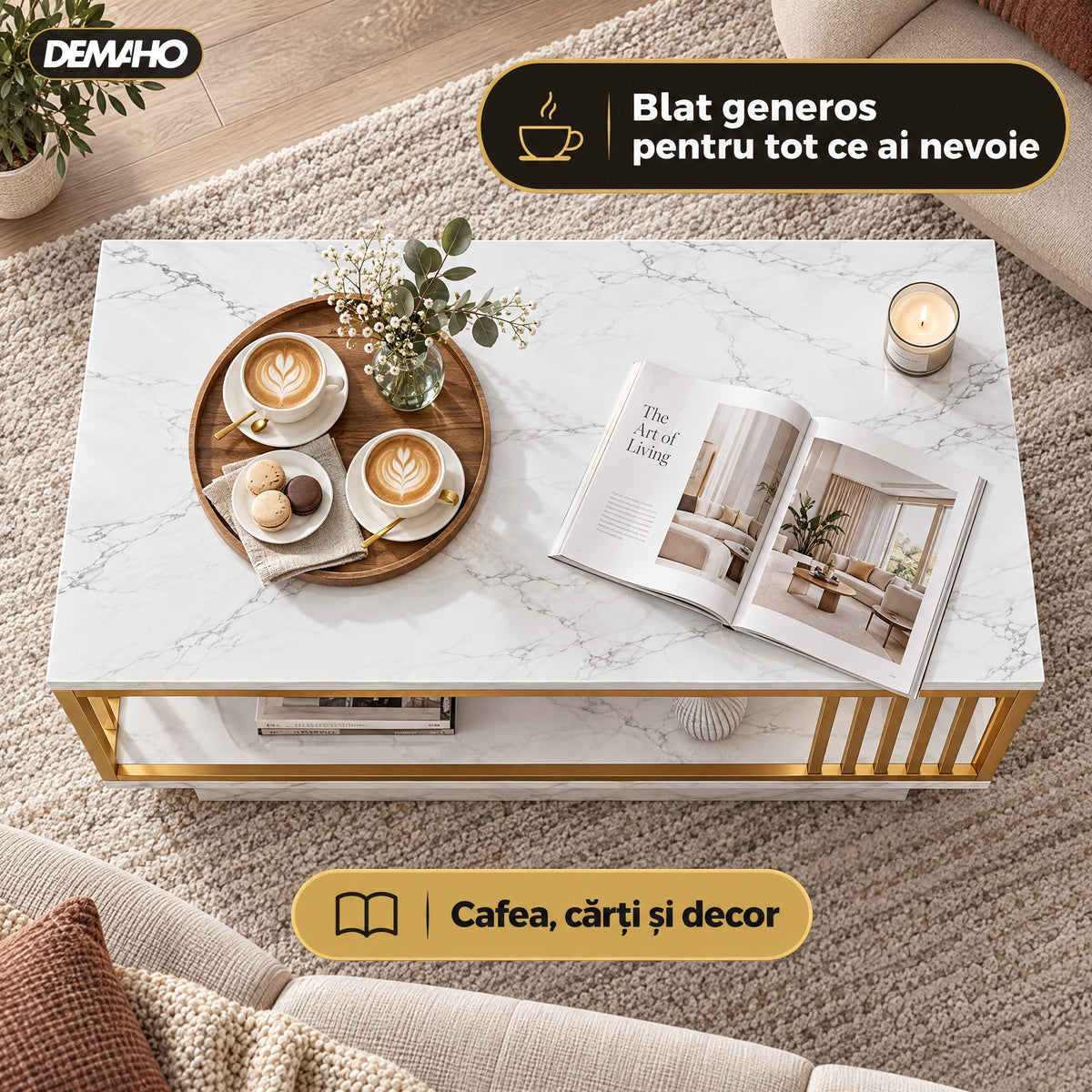 Măsuță de Cafea cu Aspect de Marmură Albă și Cadru Auriu, Raft Deschis de Depozitare, 120 × 60 × 42 cm, Design Modern de