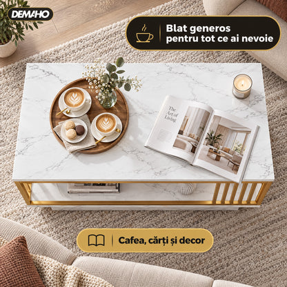 Măsuță de Cafea cu Aspect de Marmură Albă și Cadru Auriu, Raft Deschis de Depozitare, 120 × 60 × 42 cm, Design Modern de