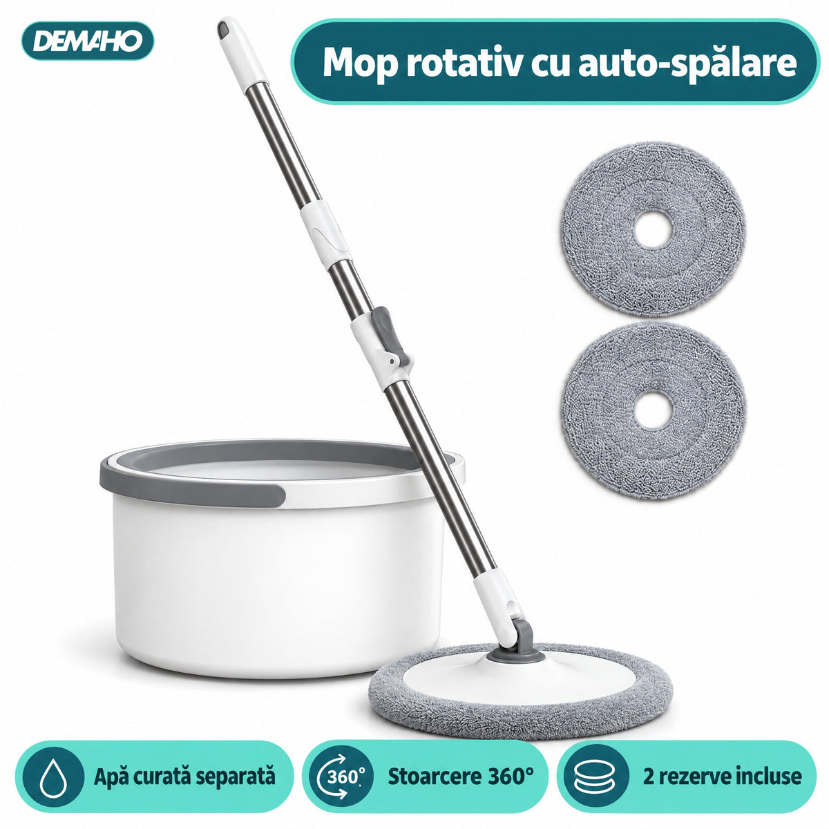 Set Mop Rotativ cu Auto-Spălare, Găleată cu Apă Curată și Murdară Separate, Stoarcere 360°, Mâner Telescopic din Inox, 2