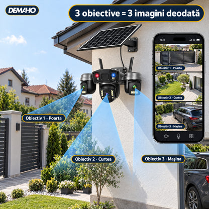 Cameră de Supraveghere Solară 4G cu 3 Obiective, Panou Solar Inclus, Baterie 12.000 mAh, Înregistrare Non-Stop 24/7, Rotire PTZ, Detecție Persoane, Audio Bidirecțional, Vedere Nocturnă, Negru