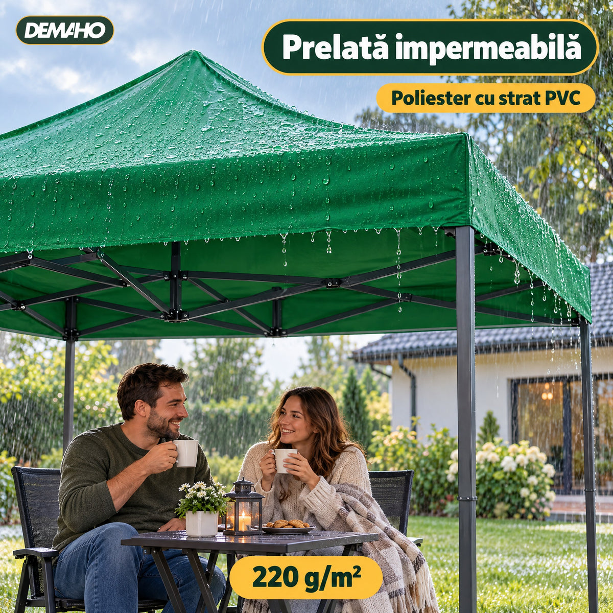 Cort Pavilion Pliabil 3 x 3 m DEMAHO, Cadru din Oțel tip Acordeon, Acoperiș Impermeabil, Montaj Rapid fără Unelte, pentr