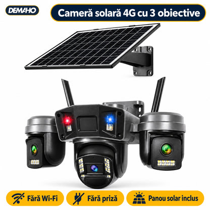Cameră de Supraveghere Solară 4G cu 3 Obiective, Panou Solar Inclus, Baterie 12.000 mAh, Înregistrare Non-Stop 24/7, Rotire PTZ, Detecție Persoane, Audio Bidirecțional, Vedere Nocturnă, Negru
