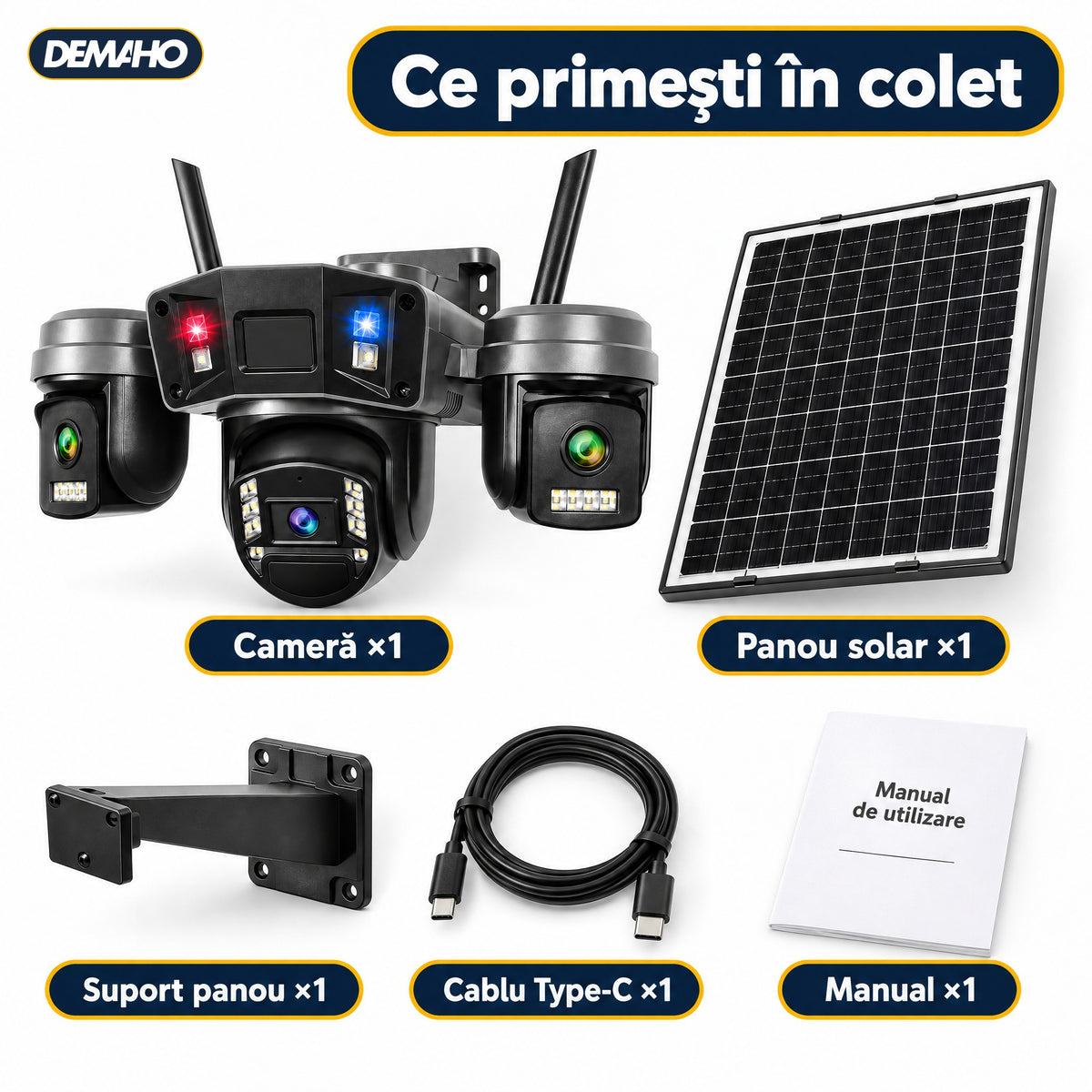 Cameră de Supraveghere Solară 4G cu 3 Obiective, Panou Solar Inclus, Baterie 12.000 mAh, Înregistrare Non-Stop 24/7, Rotire PTZ, Detecție Persoane, Audio Bidirecțional, Vedere Nocturnă, Negru