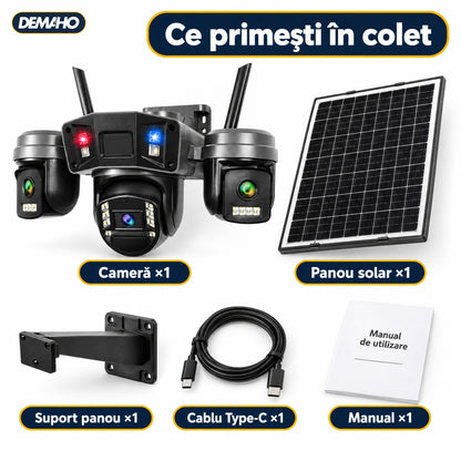Cameră de Supraveghere Solară 4G cu 3 Obiective, Panou Solar Inclus, Baterie 12.000 mAh, Înregistrare Non-Stop 24/7, Rotire PTZ, Detecție Persoane, Audio Bidirecțional, Vedere Nocturnă, Negru