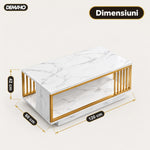 Măsuță de Cafea cu Aspect de Marmură Albă și Cadru Auriu, Raft Deschis de Depozitare, 120 × 60 × 42 cm, Design Modern de