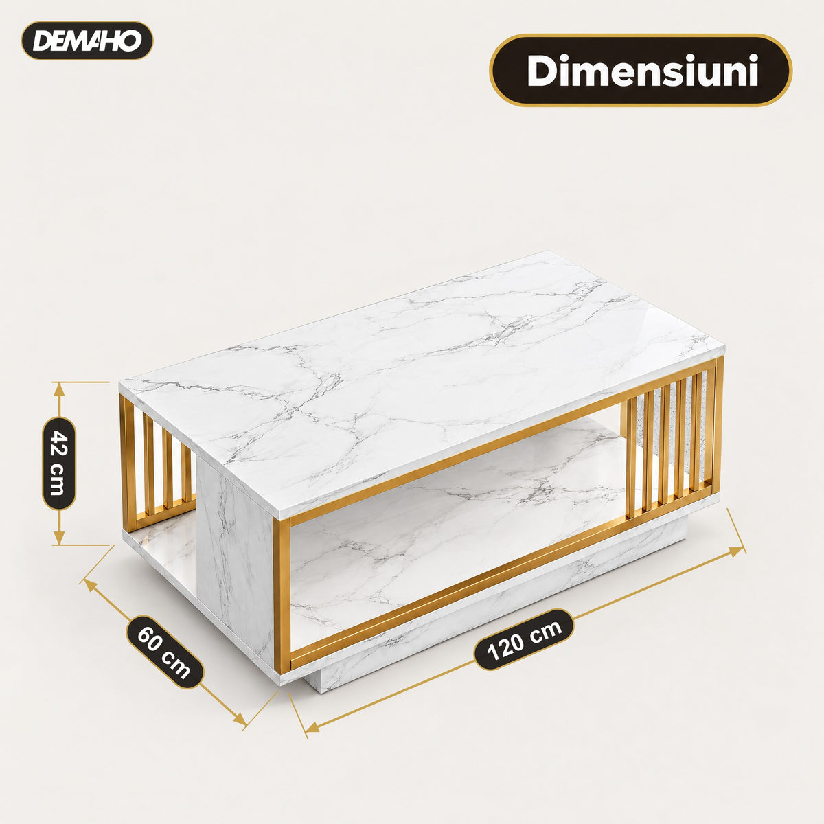 Măsuță de Cafea cu Aspect de Marmură Albă și Cadru Auriu, Raft Deschis de Depozitare, 120 × 60 × 42 cm, Design Modern de