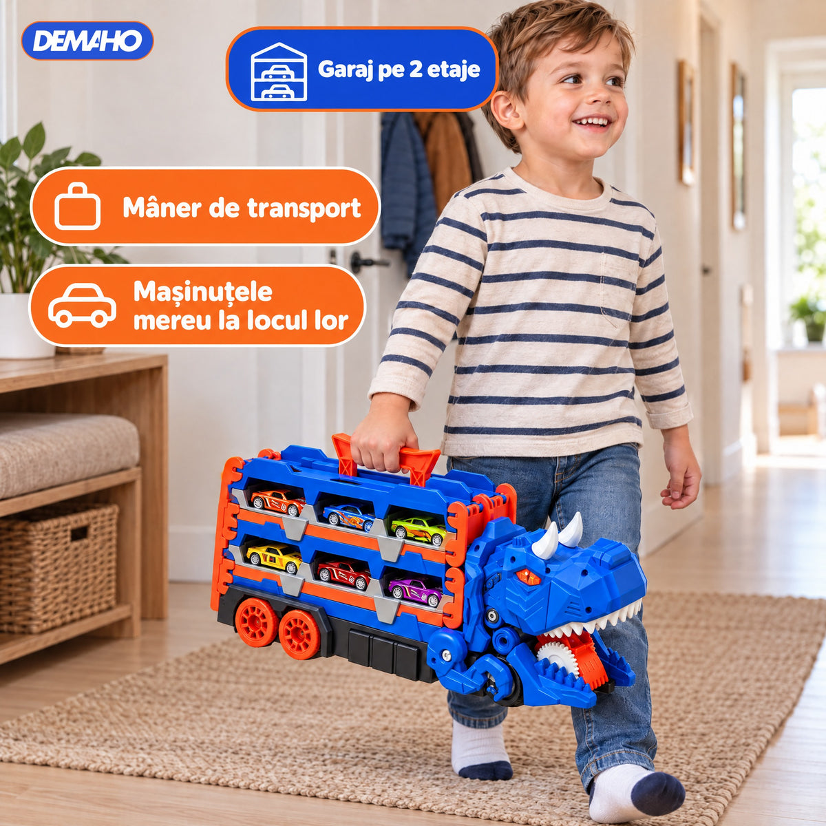 Camion Transportor Dinozaur 2 în 1, se Transformă în Pistă de Curse de 1,5 m, Lansare Dublă, Înghite Mașinuțe, Garaj pe 2 Etaje, 6 Mașinuțe Incluse, Albastru, 3+ ani