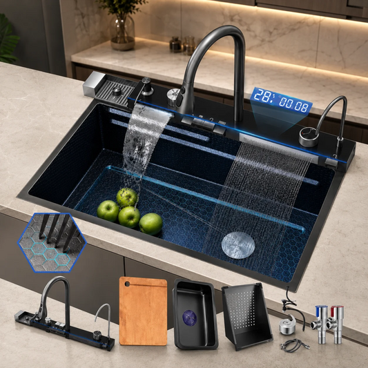 Chiuveta multifunctionala cu 2 cascade cu accesorii incluse, afisaj digital a temperaturii si robinet cascada, culoare negru grafit, dimensiune 750x460mm