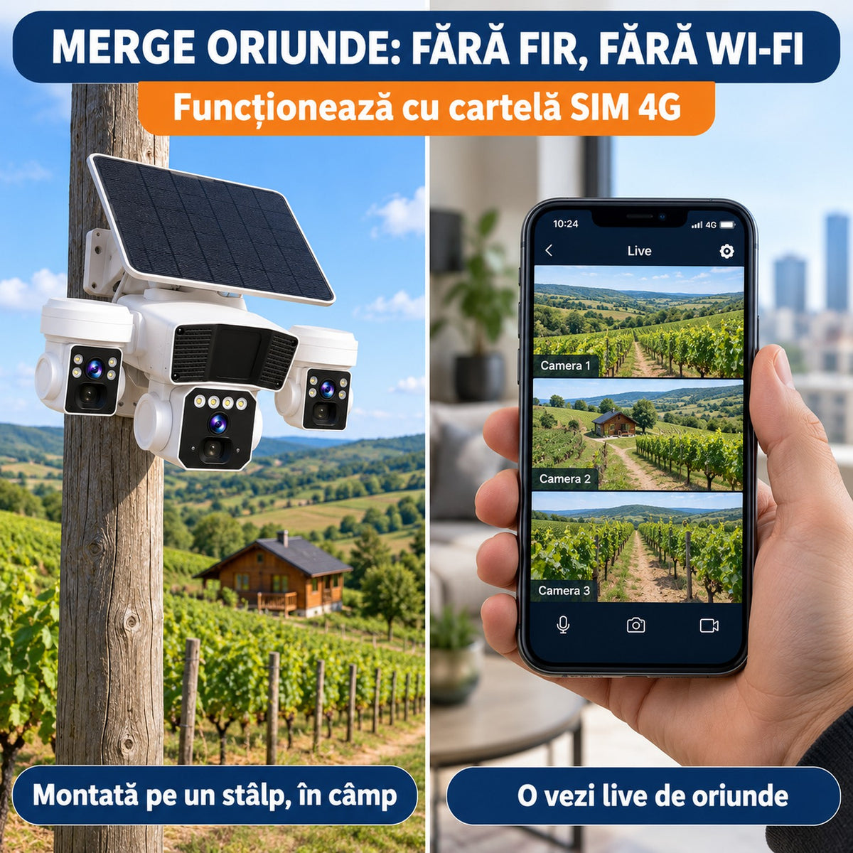 Camera de supraveghere solara 12MP 4G, Multi-lentile, Panou 20W, vedere nocturna, senzor miscare