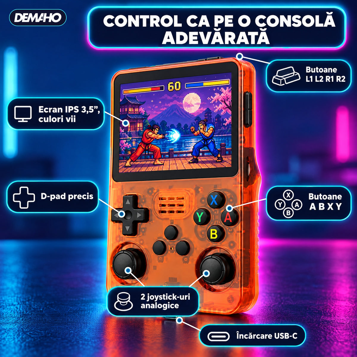 Consolă Retro Portabilă R36S, Peste 14.000 de Jocuri Incluse, 21 de Emulatoare, Ecran IPS 3,5", 2 Joystick-uri, Încărcar