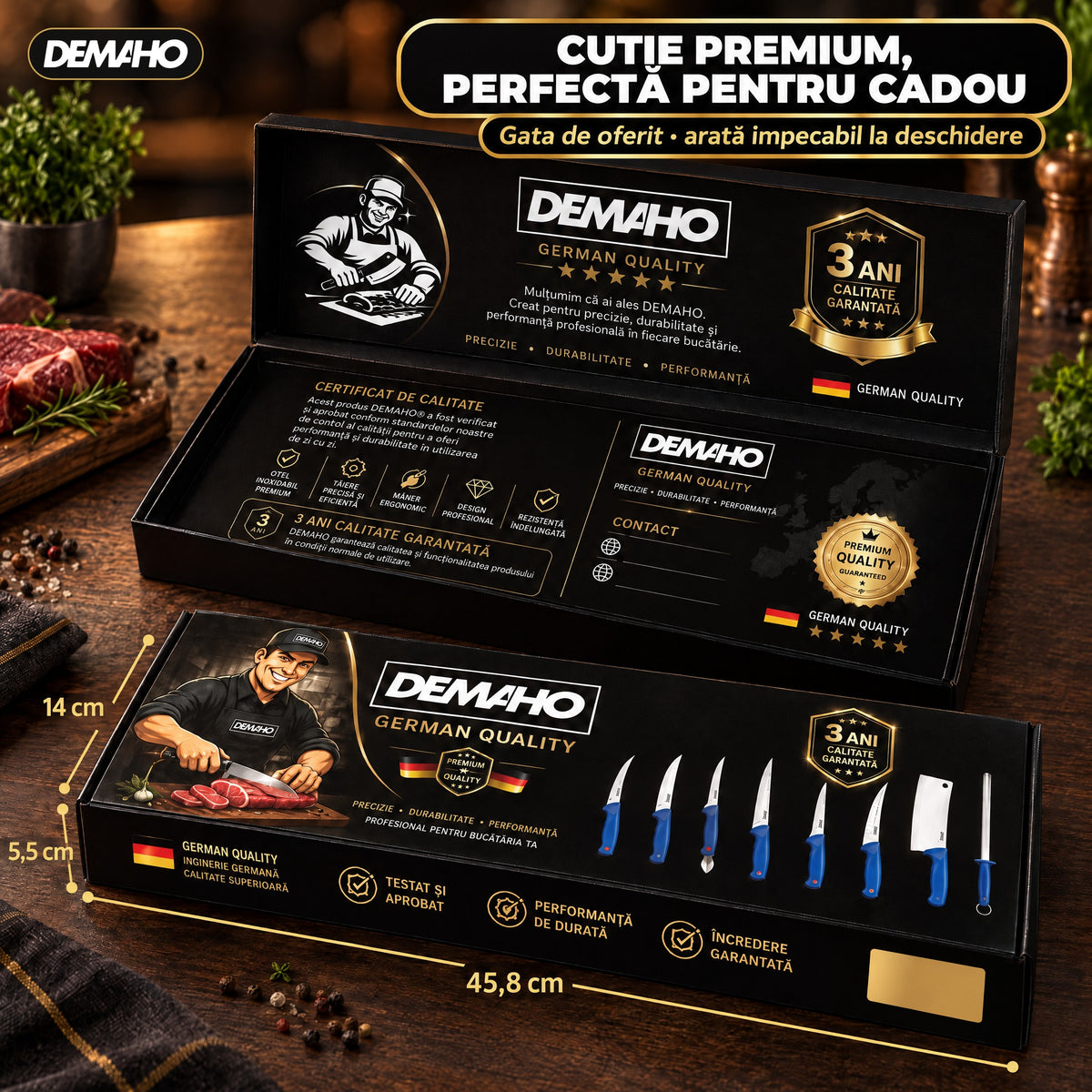 Set Cuțite Profesionale de Măcelărie DEMAHO, 8 Piese, Oțel Inoxidabil, Satâr și Masat Incluse, Mâner Antiderapant, Cutie Cadou