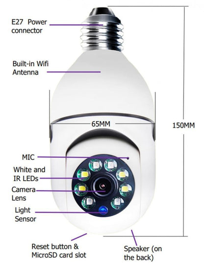 Camera IP HD Smart-Bulb, cu Senzor PIR 90 De grade, Slot Card SD, Rotație 355°, Viziune Nocturna, Aplicatie Mobila - eSeller.ro - Inovăm pentru confortul tău