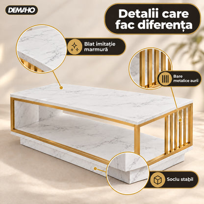 Măsuță de Cafea cu Aspect de Marmură Albă și Cadru Auriu, Raft Deschis de Depozitare, 120 × 60 × 42 cm, Design Modern de