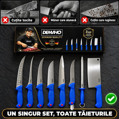 Set Cuțite Profesionale de Măcelărie DEMAHO, 8 Piese, Oțel Inoxidabil, Satâr și Masat Incluse, Mâner Antiderapant, Cutie Cadou